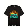European sizes Men's Hawaiian Surf Graphic T-Shirt -  Black Tee with Tropical Palm Trees & Sunset - Everyday Hawaiian Style,Summer Clothing