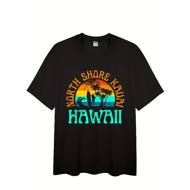 European sizes Men's Hawaiian Surf Graphic T-Shirt -  Black Tee with Tropical Palm Trees & Sunset - Everyday Hawaiian Style,Summer Clothing