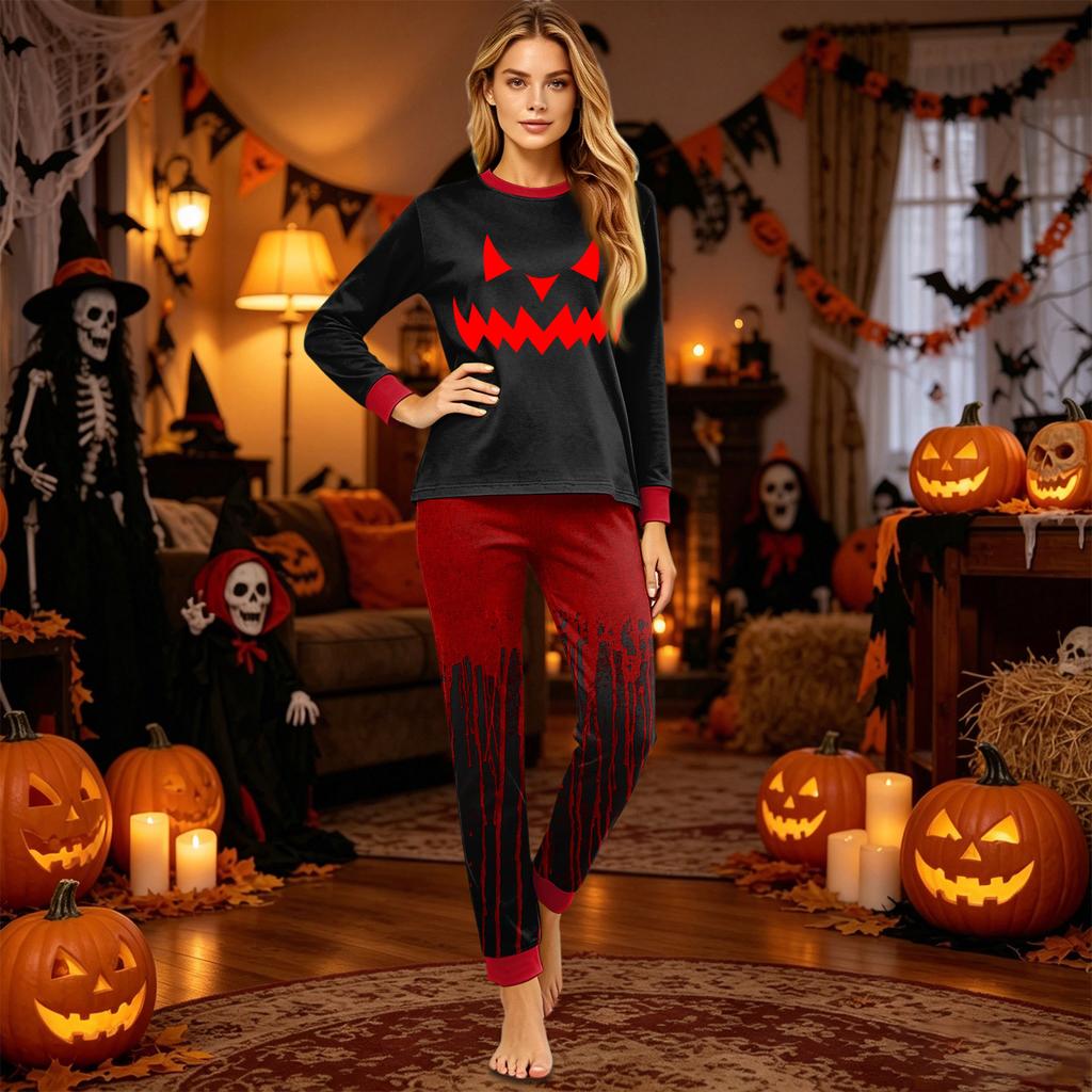Halloween Family Matching Pajama Set Long Sleeve Top and Pants Comfortable Fit Seasonal Print Sleepwear