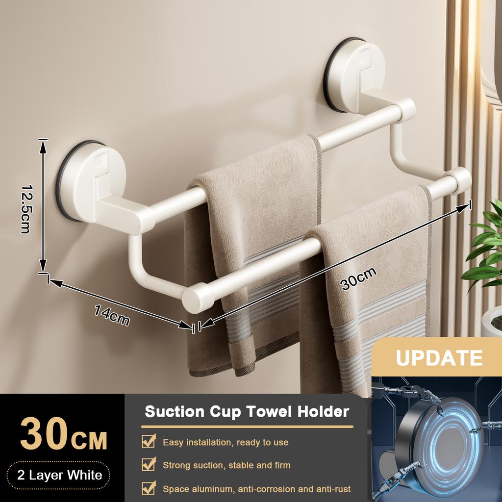 Suction Cup Bathroom Hand Towel Rack Holder Wall Mount No Drill 30/40/50cm Towel Bar Double Bar 2 Tier Apartment Space Saving