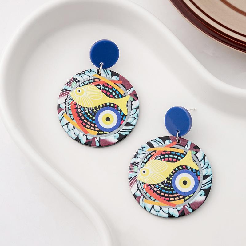 

Creative Funny Eyes Trendy Acrylic Earrings Ethnic Exaggerated Pattern Geometric Circular Drop Earring for Women Bohemia Zircon