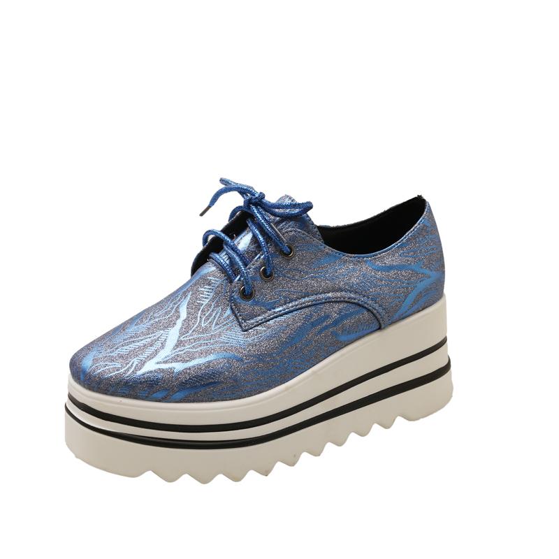 Platform Single Shoes Autumn New Round Toe Lace-Up Front Sequin Anti-Slide Heel Low-Top Women's Shoes