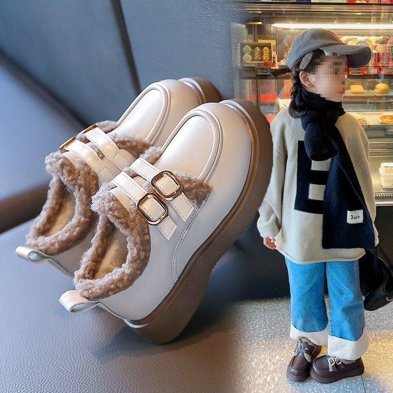 Girls' velvet small leather shoes 2025 autumn and winter new boys' lamb wool soft-soled cotton shoes British style warm princess shoes