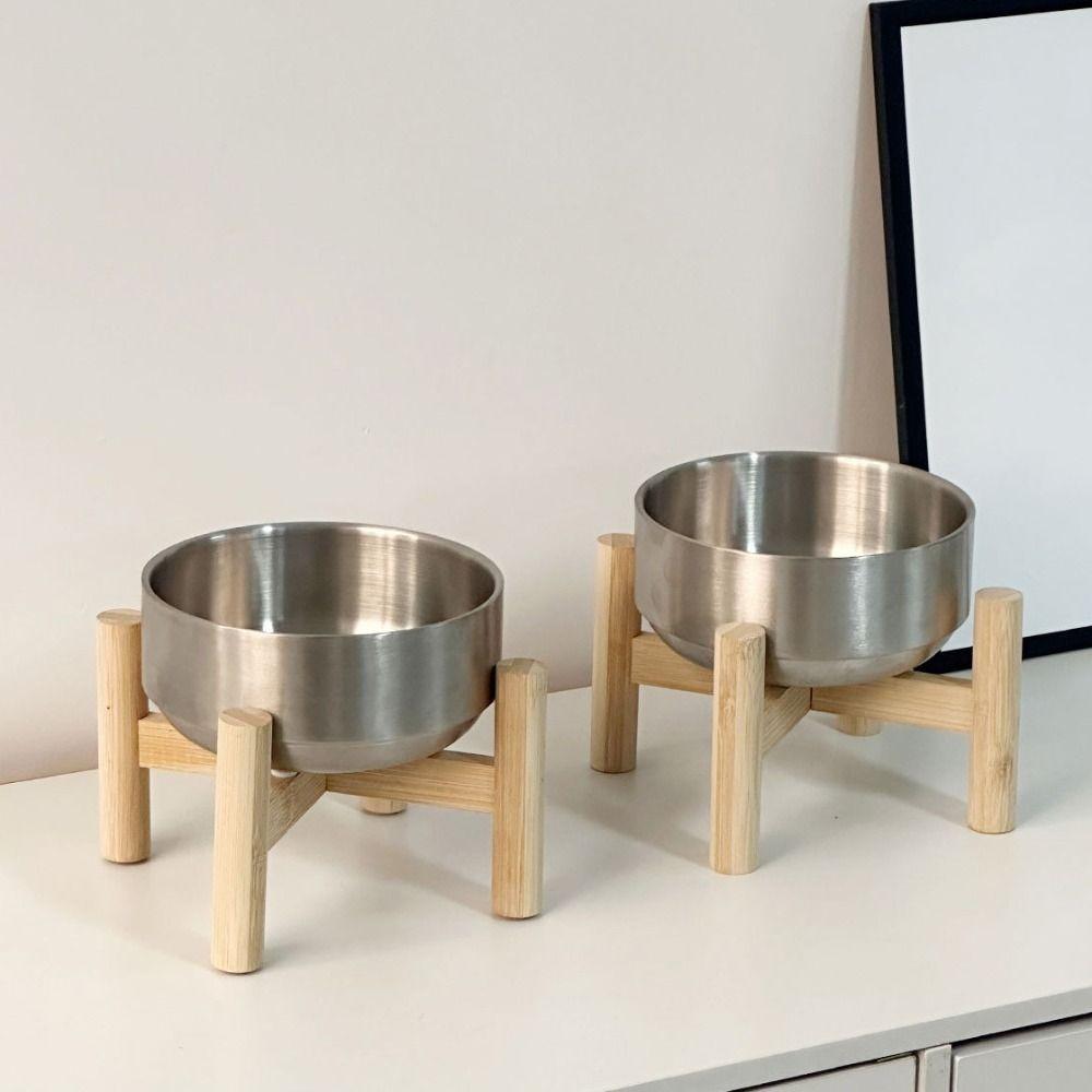 Wooden Stand Stainless Steel Dog Bowl Tilt-proof Rust-proof Cat Food Bowl Elevated Double Layer Pet Feeding Bowl Pet Supplies