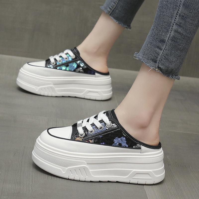 Fashion 2024 Fashion Women's Slippers with Shiny Sequins, Waterproof Platform, and Backless Lazy Toe Cap slides women