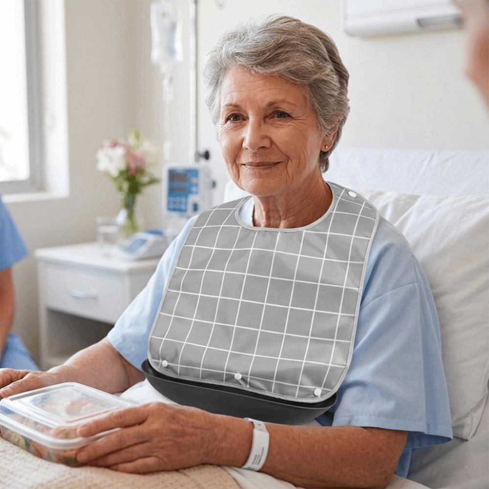 Plaid Pattern Elderly Bib Waterproof Eating Smock Easy Clean Mealtime Bib  Elderly Care