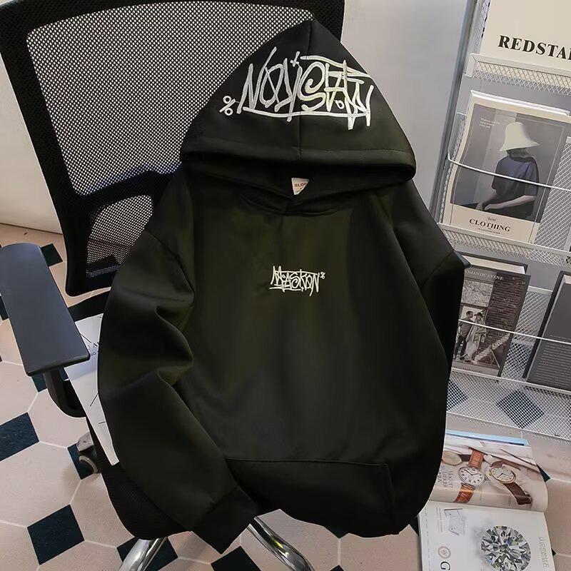 Pánská mikina s kapucí, vyšívaným písmenem a plyšem - Unisex americký styl, těžká na podzim/zimu, ležérní volný střih.