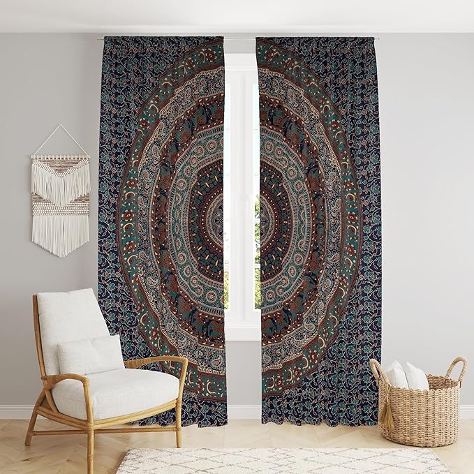 BLESS INTERNATIONAL Beautiful Indian Bohemian Psychedelic Hippie Tree of Life Window Curtain Panels for Bedroom, Living(Green Gray Elephant Mandala)