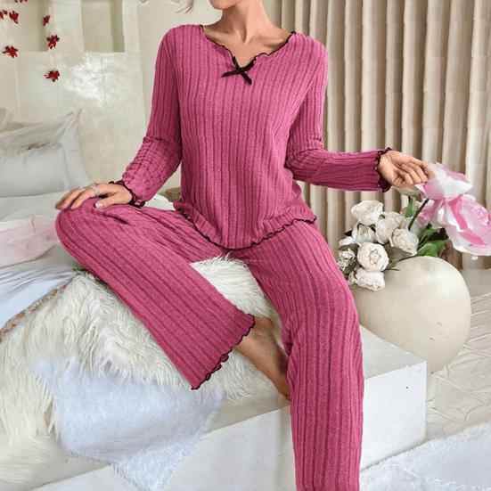 2Pcs/Set Women Pajamas Set V-Neck Long Sleeve Lace Trim Tops Elastic Waist Long Pants Set Solid Color Ribbed Sleepwear