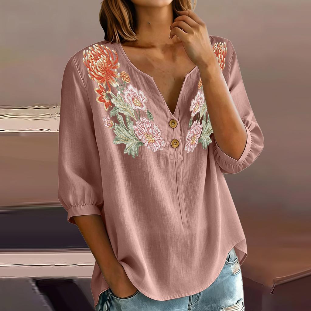 Damen Blumenstickerei Henley-Kragen Knopfleiste Hemd Dreiviertelarm Baumwolle Leinen Oberteil Lässige Bluse