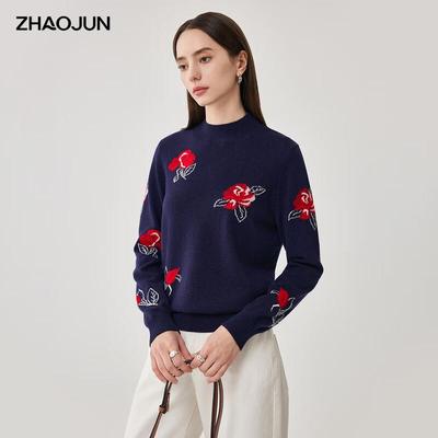 Zhaojun Women's 100% Wool Semi-High Collar Long-Sleeve Sweater
