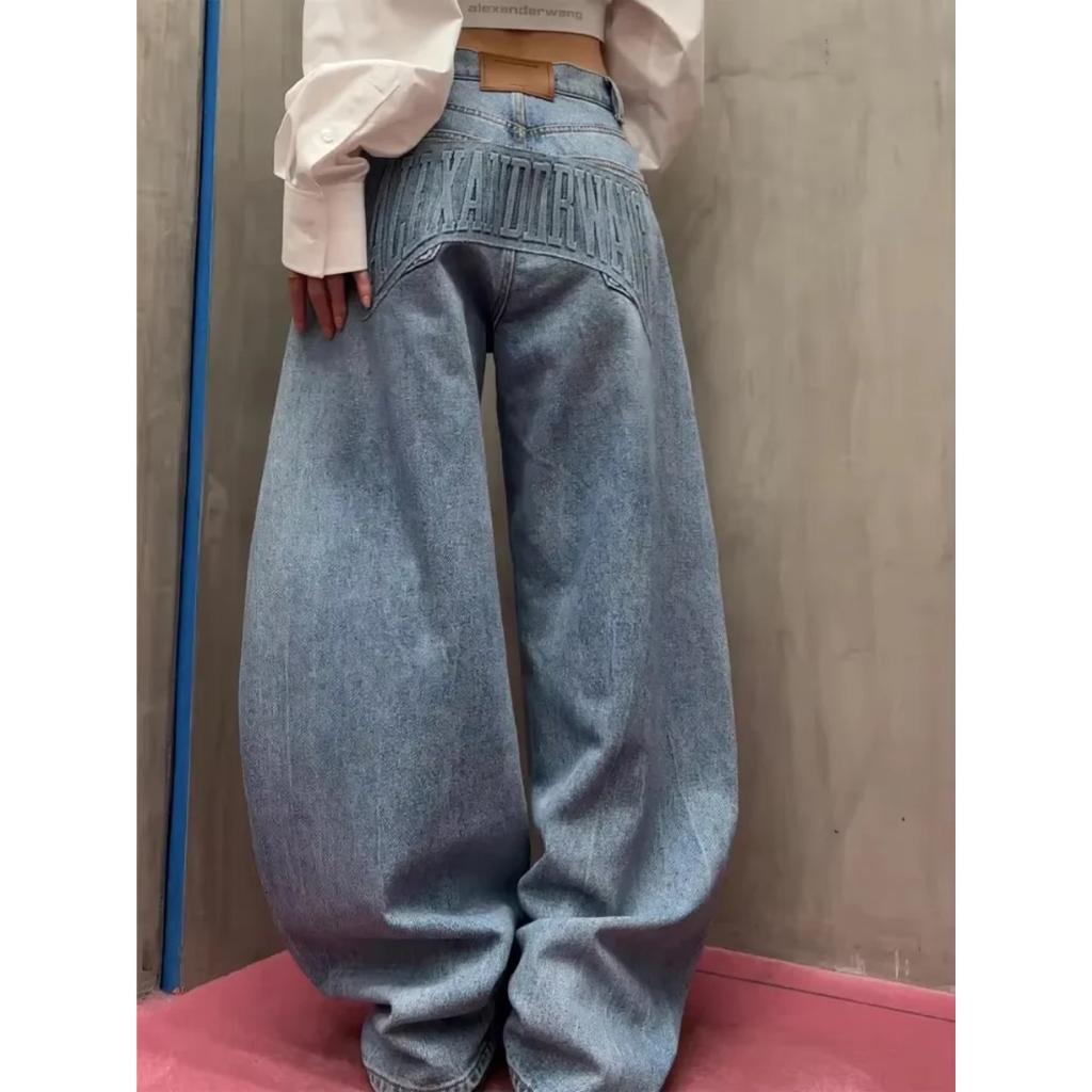 BeatStreet American Streetwear Women Denim Pants Y2k Autumn Loose Letter Indentation Wide Leg Jeans Punk Machete Trousers New