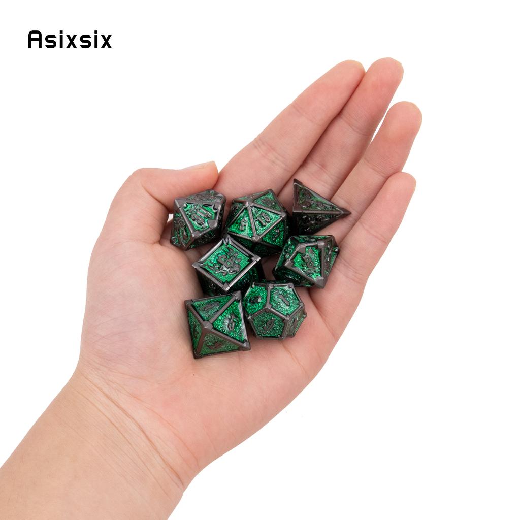 7 Pcs Black Green Skull Metal Dice Solid Metal Polyhedral Dice Set Suitable for Role-Playing RPG Board Game Card Game
