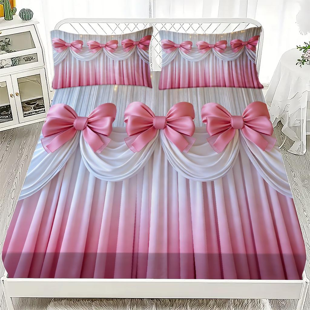 Pink Bow Drapery Fitted Sheet Set Pink White Gradient Curtains Print Bedding Set With Pillowcases For Bedroom