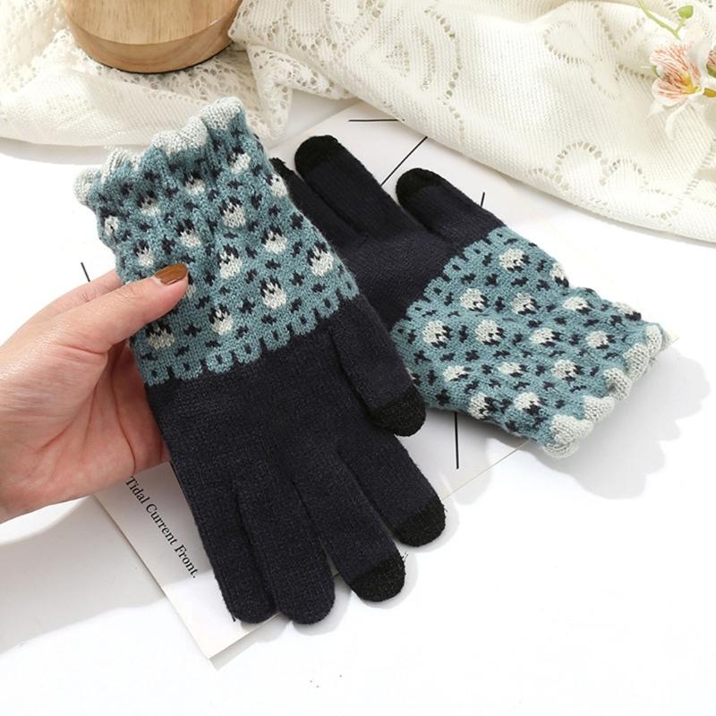 Flower Pattern Knitted Gloves For Women Girl Stylish Design Windproof Thick Warm Handwear for Cycling Skiing Daily Use