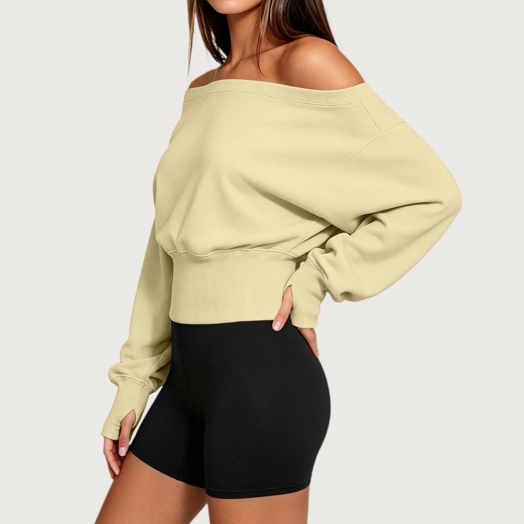 Women's Casual Off Shoulder Long Sleeve Sweatshirt with Thumbholes, Pullover Top for Everyday Wear