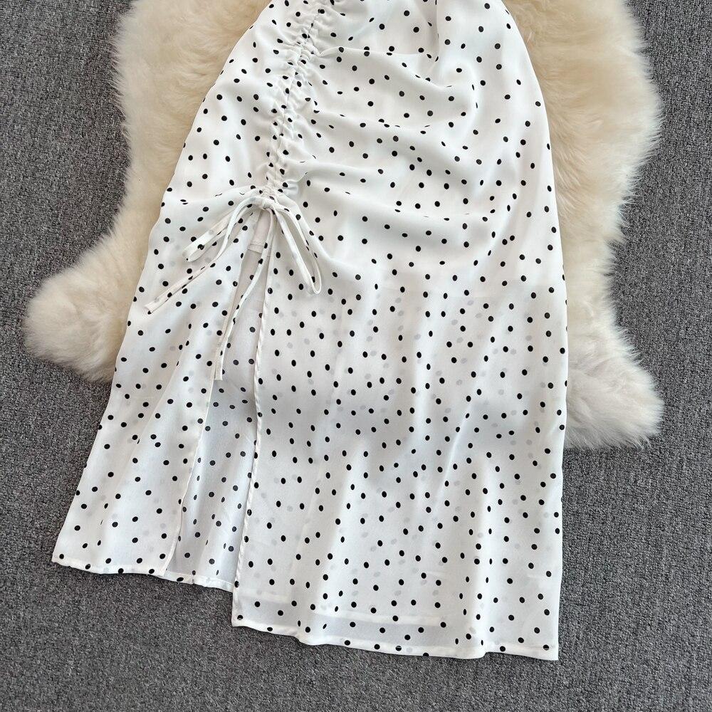 Seaside Holiday Backless Super Sexy Square Collar Slim-fitting Sleeved Mid-length Split Dot Dress