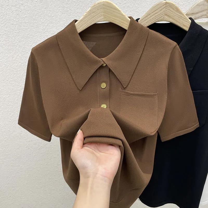 Women's Summer Loose-Fit Slimming Polo Neck Ice Silk Short-Sleeve T-Shirt Solid Color Collared Knit Top