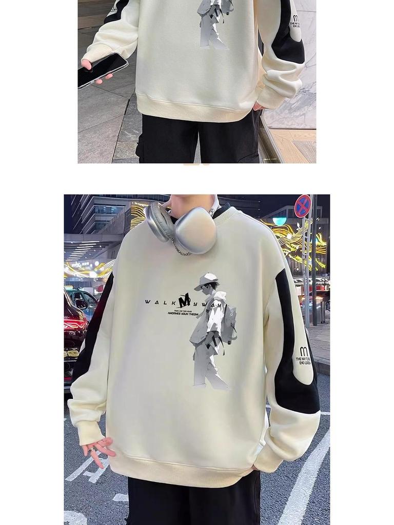 Men’s Trendy Colorblock Patchwork Hoodie – Spring/Autumn, Loose Fit, Plus Size, Round Neck, Long Sleeve Printed Top