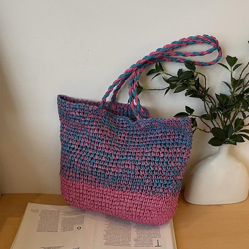 Contrasting Color Woven Bag Women's New High-end Seaside Vacation Beach Bag Large-capacity Shoulder Tote Bag