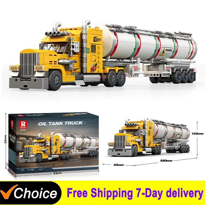 Reobrix 841 Technical Oil Tanker Trailer Building Blocks American Conventional Truck Model Bricks Desktop Display Toys Boys Gift