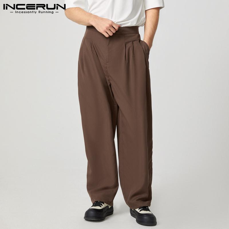 INCERUN Men Zipper Button Waist Casual Loose Baggy Long Wide Legs Pants Trousers