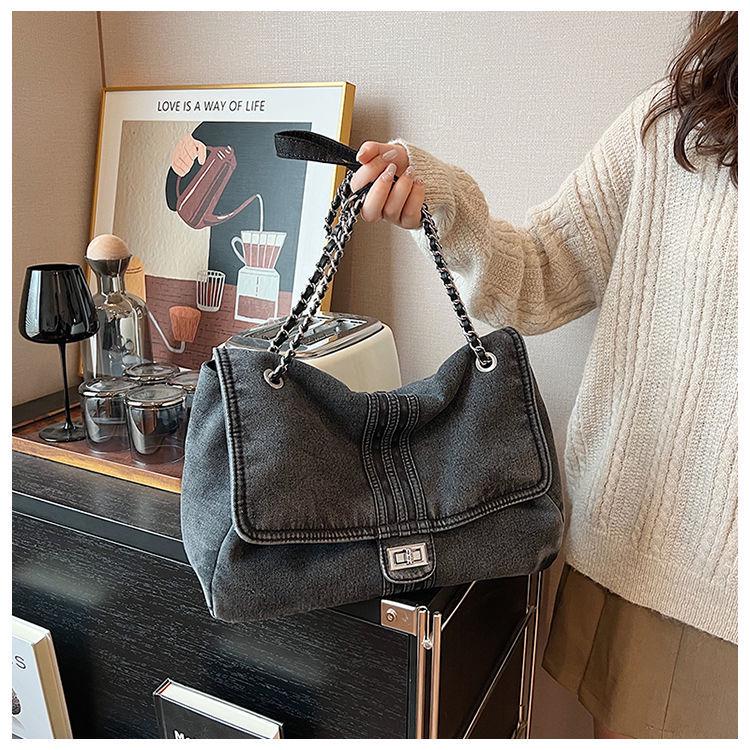 Sac bandoulière décontracté en denim grande capacité pour femme avec chaîne