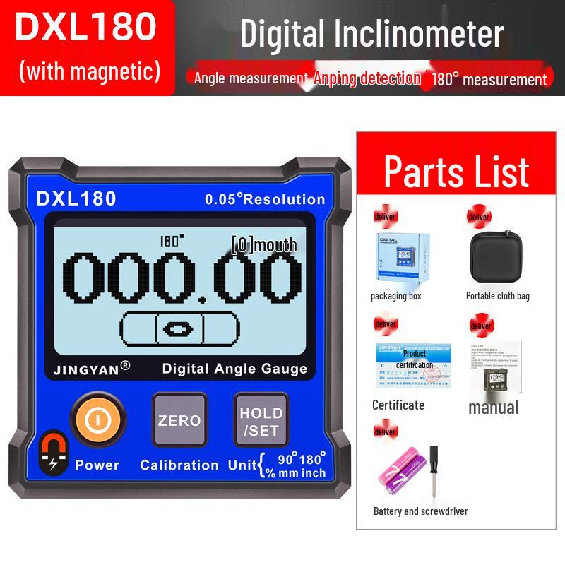 Jingyan Electronics DXL180C Высокоточный цифровой инклинометр с магнитным пузырьковым уровнем и угломером 180°