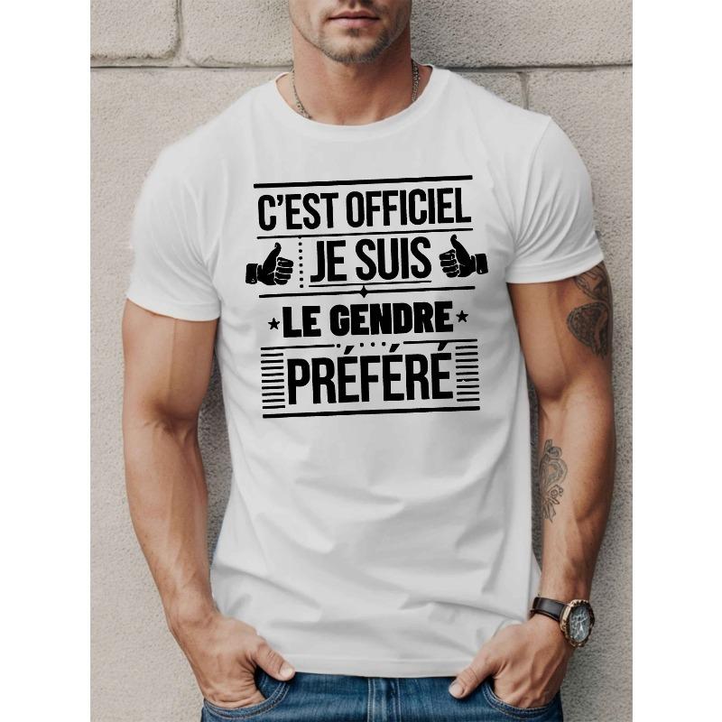 Rozmiary europejskie Męska Francuska Ulubiona Koszulka Syna - Francuski Tekst "Fiancé De Ma Fille" Nadruk, Krótki Rękaw Okrągły Dekolt Letni Top