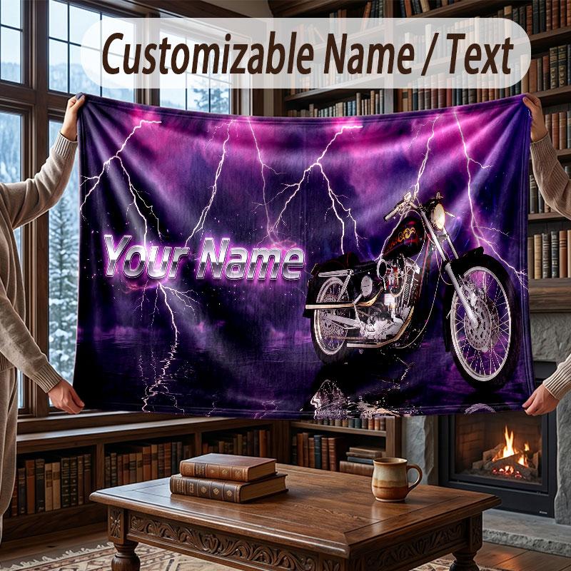 Motorcycle Theme Throw Blanket Custom Name Text Personalized Blanket Soft Cozy Blanket for Home Sofa Bed