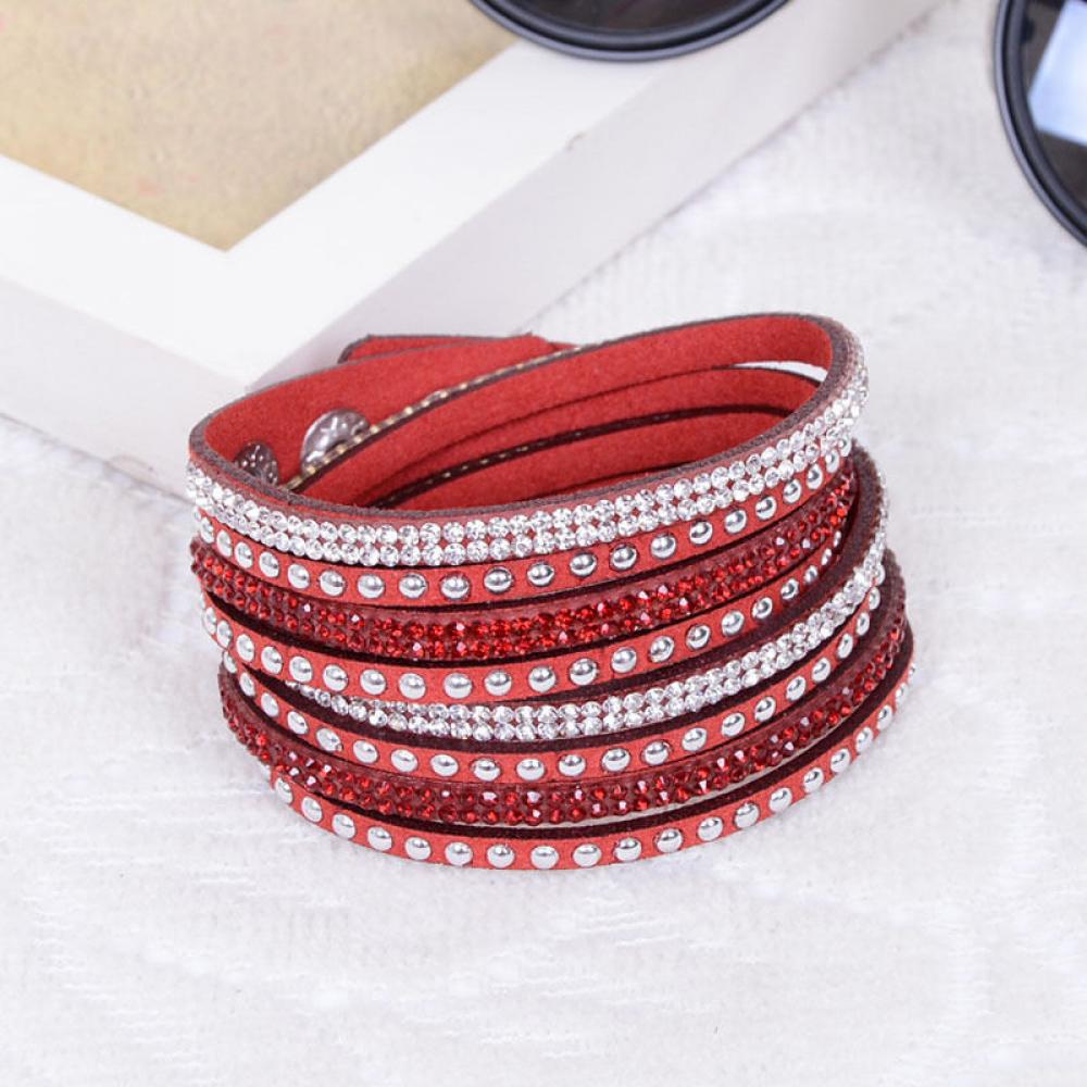 Vintage Faux Leather Bracelet Women Shiny Hot Fix Rhinestone Inlaid DIY Multilayer Bracelet Gift