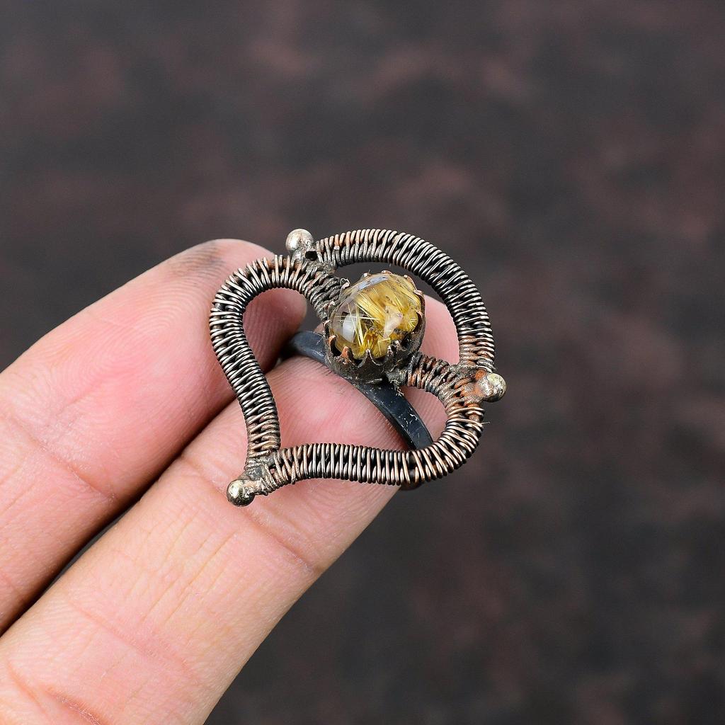 Golden Rutile Ring Copper Wire Wrapped Ring Adjustable Ring Handmade Jewelry Ring For Him Gemstone Rings Copper Wire Jewelry Engagement Gift