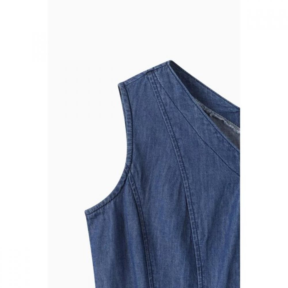 Benetton Hidden Button Sleeveless Denim Long Dress Baop93631