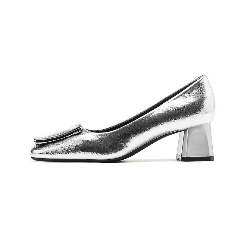 9-9 Medium heel thick heel Mary Jane shoes women's silver square buckle single shoes women's autumn new square head high heels