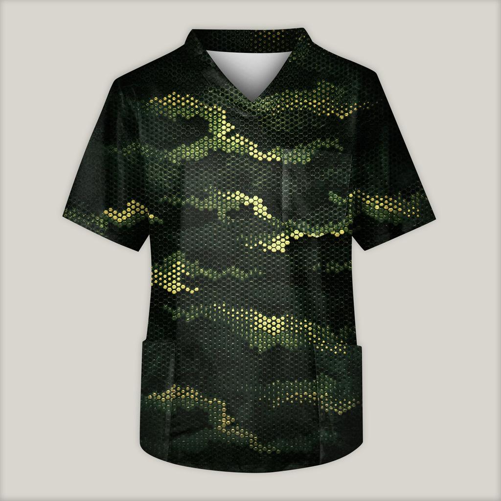 Blusa de trabajo con cuello en V y manga corta estampada para hombre, con bolsillo en el pecho