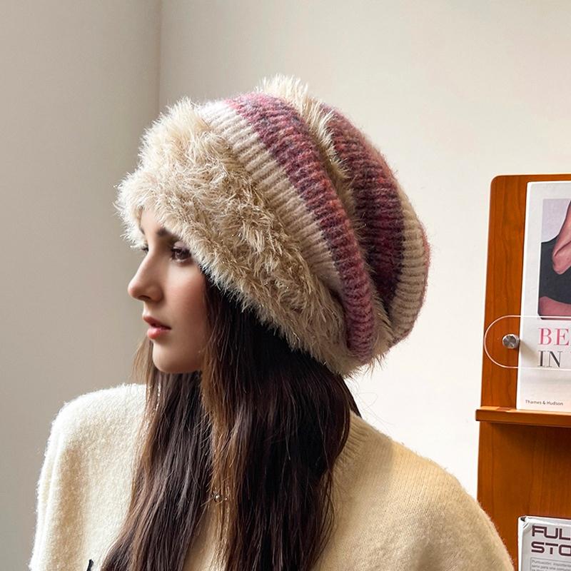 1PC Color Block Elegant Pile Hat Versatile Knitted Fashion High Stretch Warmth Brimless Lightweight Plush Slouchy Hats Multi-Color