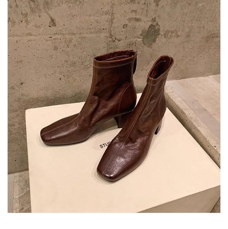 Super Soft Sheepskin Grape Mother with Square Head Thick Heel Korean Rear Zipper High Heel Bare Boots Martin Boots Women's Thin Short Boots