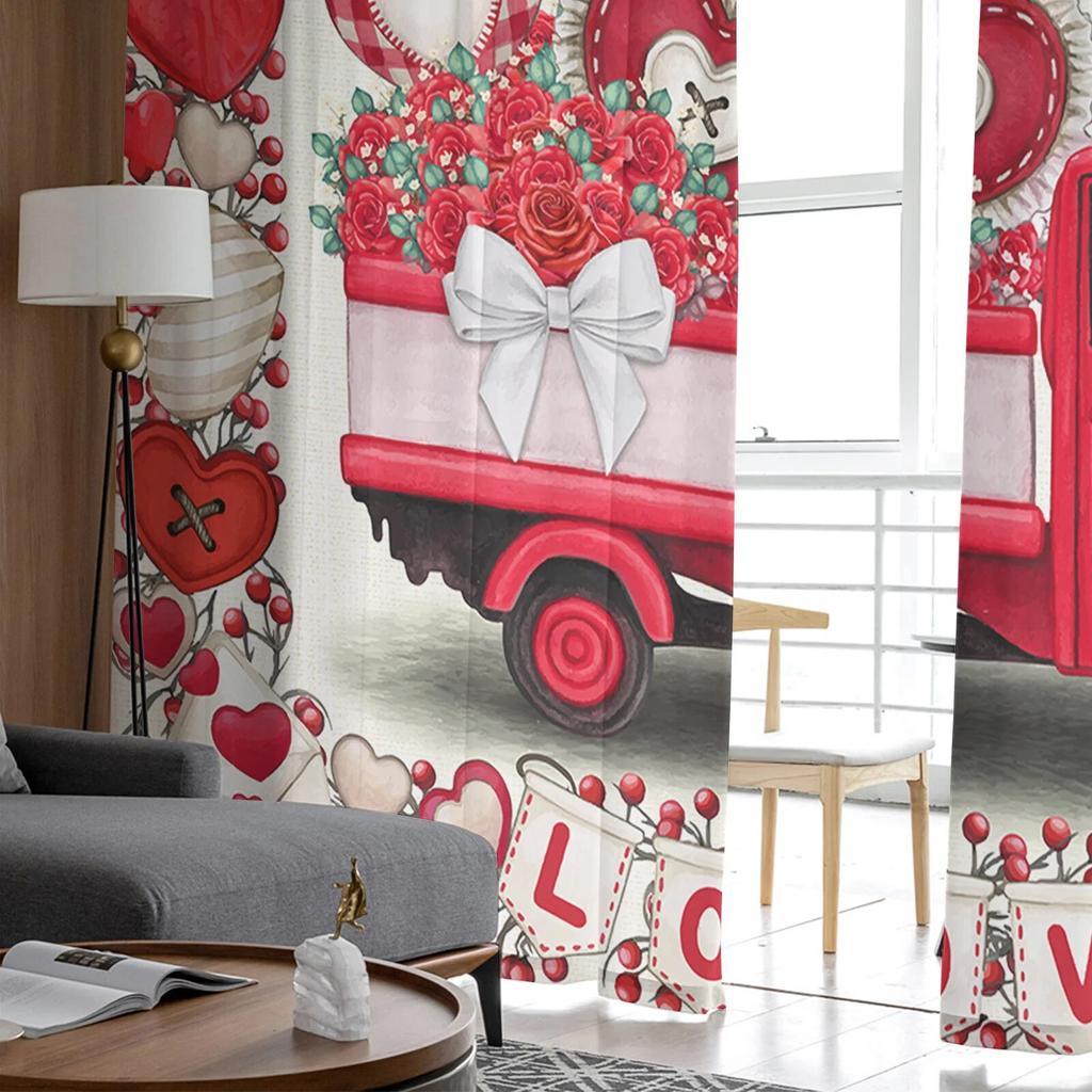 Valentinstag-Aquarell-Herzen, Auto-Tüllvorhänge für Wohnzimmer, transparenter Vorhang für Schlafzimmer, Küche, Jalousien, Voile-Vorhänge