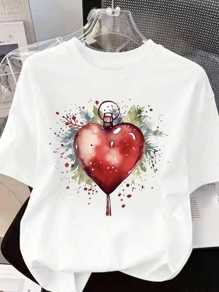 (Asian Size) cartoon Short Sleeve T-shirts Women's Top O-neck T Shirt Print Merry Christmas Fashion Casual New Year Clothing Graphic Tee
