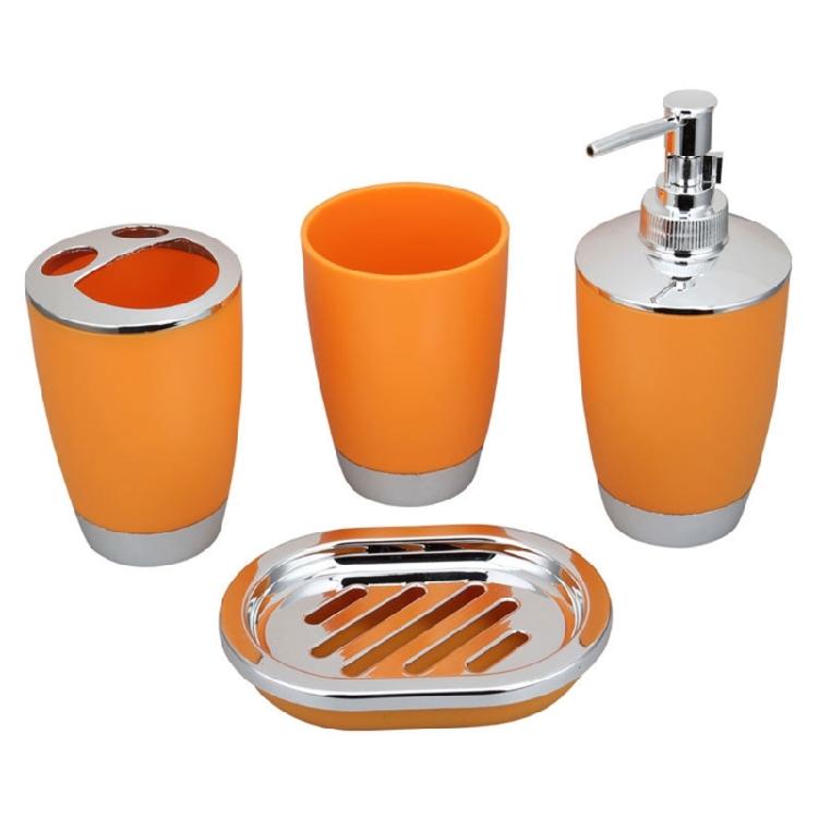 

4 Piece Plastic Bathroom Organizers Kits Waterproof Construction Toothbrush Holder Washing Cup Soap Dispenser помаранчевий