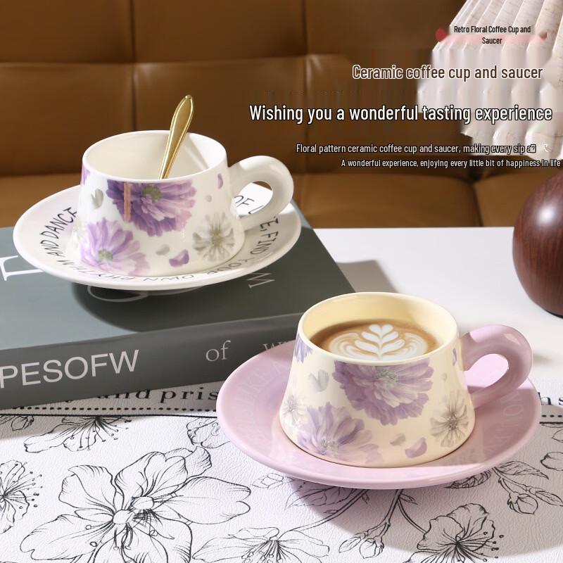 French Style Ceramic Coffee Mug and Saucer Set