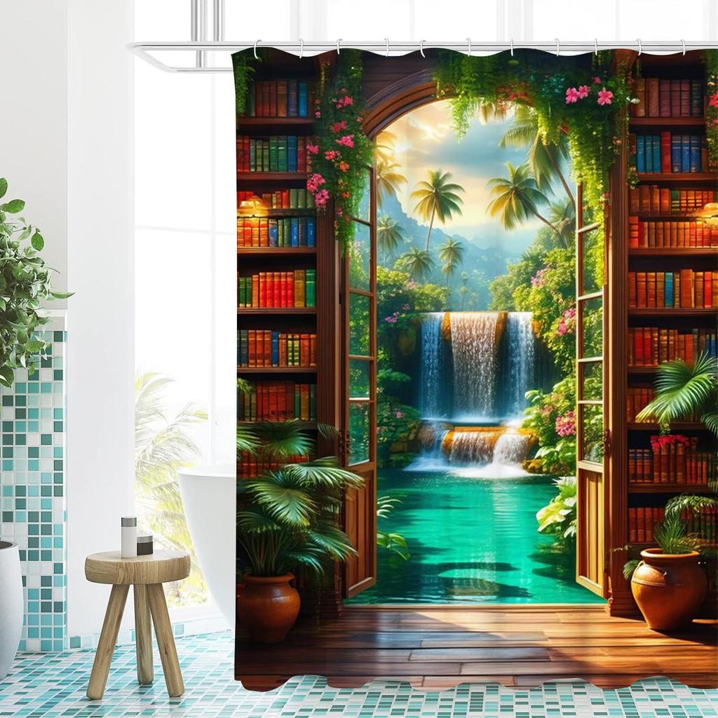 Floral Door Pattern Shower Curtain, Bathroom Shower Waterproof Curtain with 12 Hooks, Fish Shaped Home Decoration, Free Delivery
