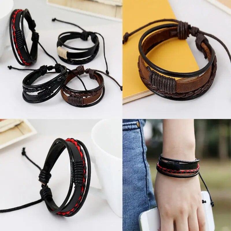 Urok mężczyźni kobiety unisex retro wielowarstwowa skórzana opaska na nadgarstek bransoletka mankietowa bransoletka
