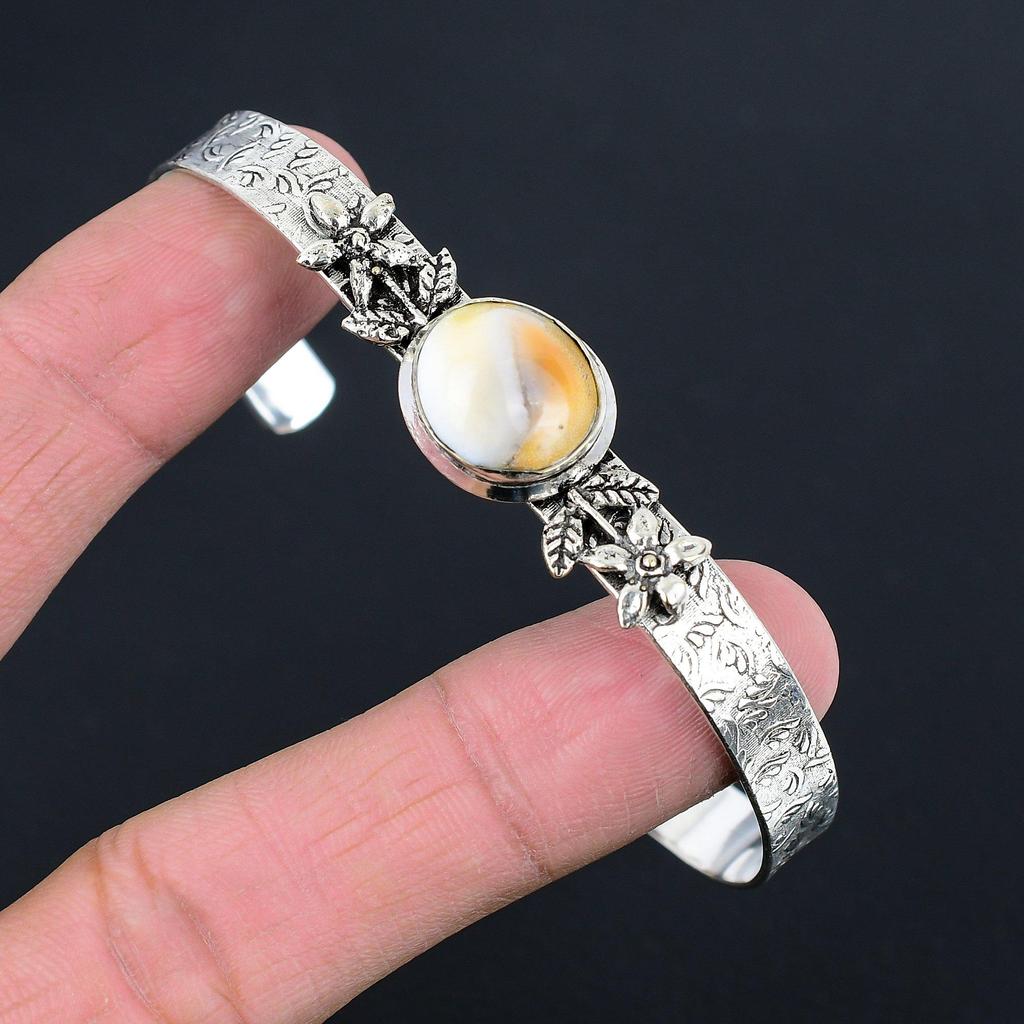 Mothers Day Deal Oval Shiva Eye Shell Gemstone 925 Sterling Silver Flower Bangle