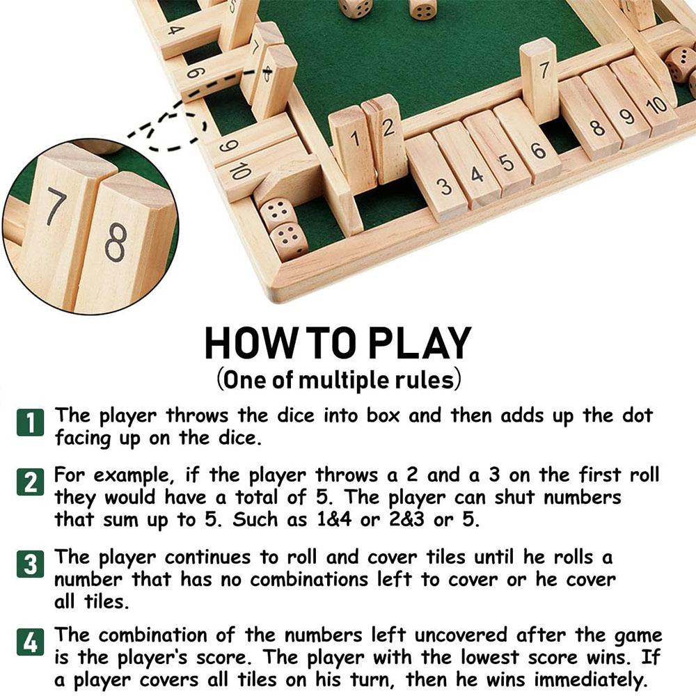 Shut The Box Würfelspiel Klassisches 4-seitiges Holzbrettspiel Umklappen von 10 Zahlen Klassische Tischplatten-Partyunterhaltungsspiele