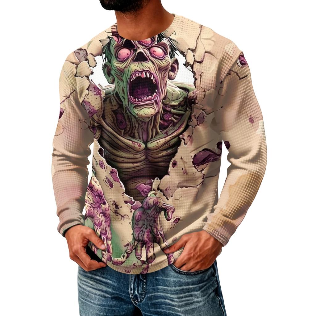 Men's Casual Knit Long Sleeve Neck T-Shirt with Halloween Print for Parties and Fall Daily Wear
