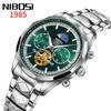 NIBOSI Business Big Designer Metal Stainless Skeleton Gift for Green Men's Wristwatch, Chronograph, Face, Brand, Stylish, Casual, Band, Steel, Analog,