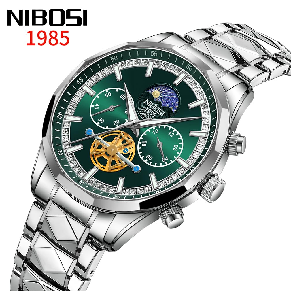 NIBOSI Business Big Designer Metal Stainless Skeleton Gift for Green Men's Wristwatch, Chronograph, Face, Brand, Stylish, Casual, Band, Steel, Analog,