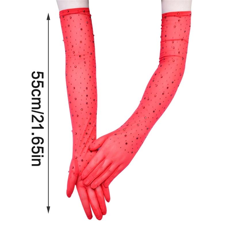 Women Lace Long Gloves with Rhinestones Drilling for Halloween and Prom Event Evening Party 1920S Flapper Costume Gloves