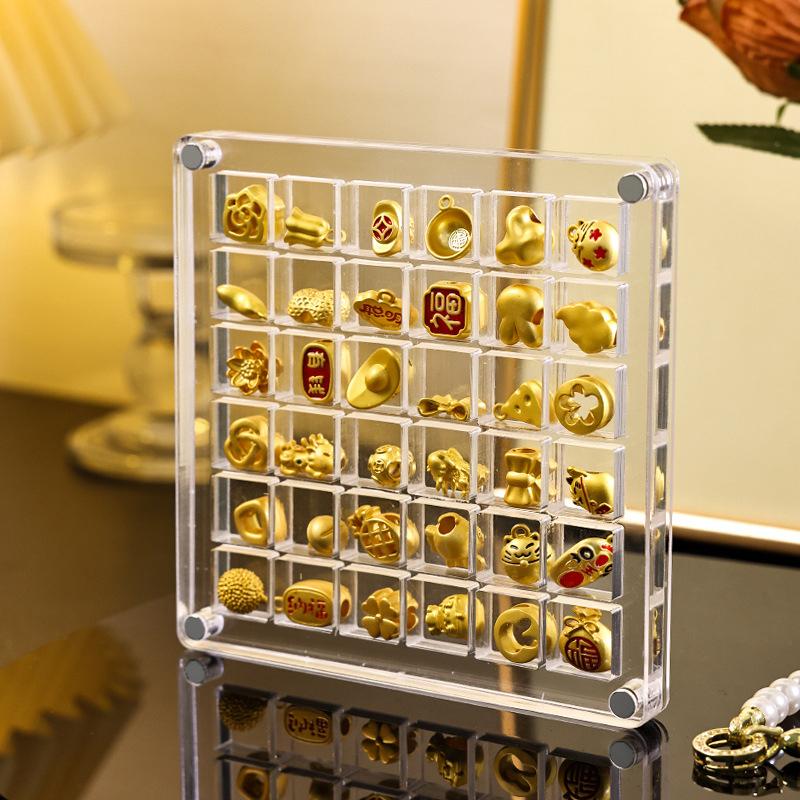 NEUE 36/64/100 Fächer Kleine Goldbohnen-Aufbewahrungsbox Acryl Gold-Transfer-Anhänger Fach Sammlung Box Antioxidative Vitrine
